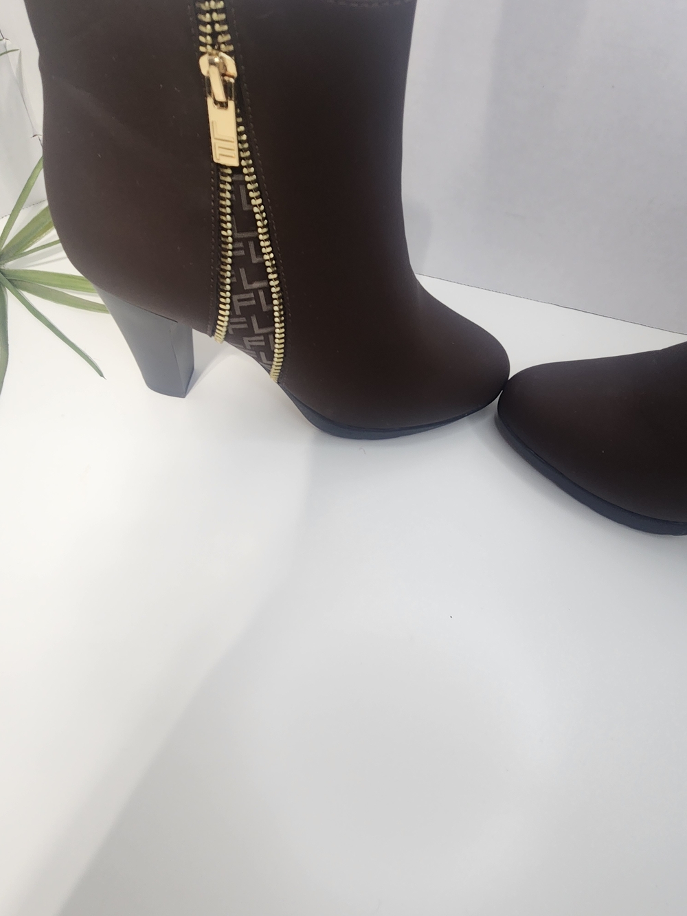 LONDON FOG Chocolate Brown Heeled Ankle Boots with Gold Zipper